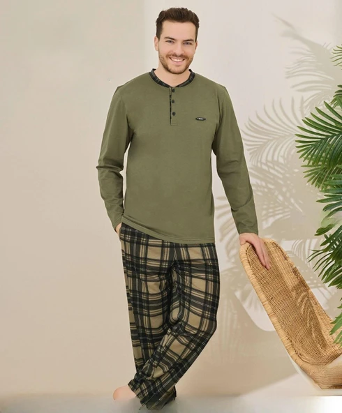 Pijamoni Erkek Pamuklu Düğme Yaka Uzun Kol İnce Pijama Takımı 100/11 - 1 Adet  M Haki