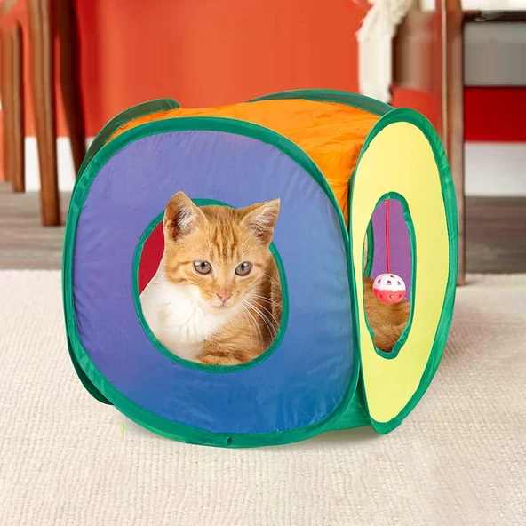 Gökkuşağı Desenli Ev Model Kedi Oyun Tüneli, Katlanabilir 37 x 40 cm