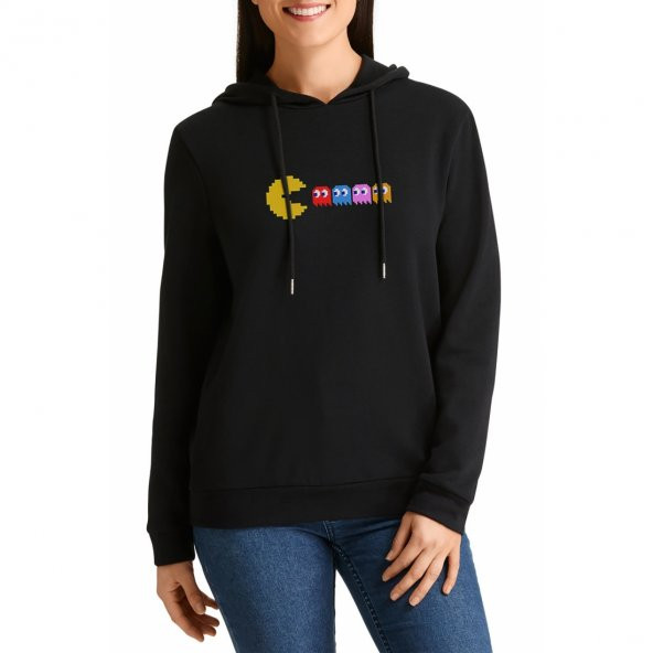 Pac Man Pixel Baskılı Siyah Kadın Örme Kapşonlu Sweashirt Uzun kol - 1