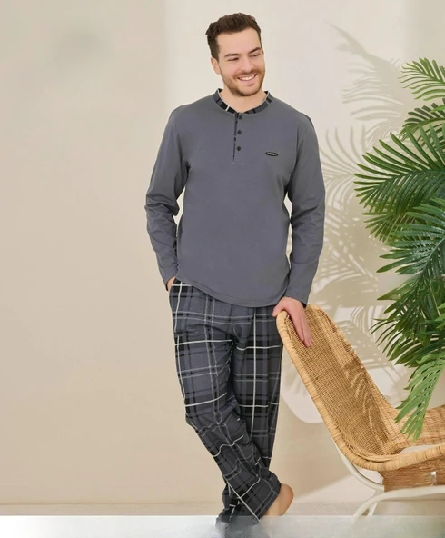 Pijamoni Erkek Pamuklu Düğme Yaka Uzun Kol İnce Pijama Takımı 100/3 - 1 Adet  Füme L