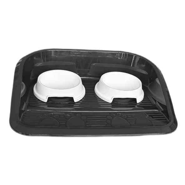 Servis Tepsili Plastik İkili Kedi Köpek Mama Ve Su Kabı 35x46 cm Siyah-Beyaz - Resim 5