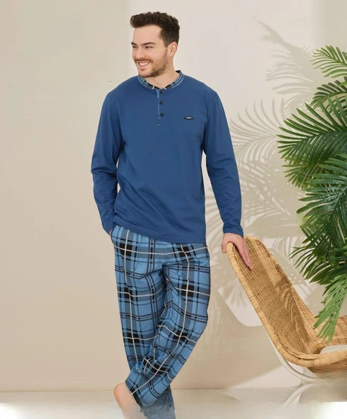 Pijamoni Erkek Pamuklu Düğme Yaka Uzun Kol İnce Pijama Takımı 100/4 - 1 Adet  L Mavi