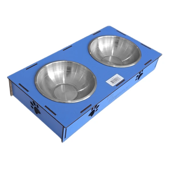 Ahşap Sehpalı İkili Devrilmez Kedi Köpek Su Ve Mama Kabı 34 cm - 300 ml Mavi - 3