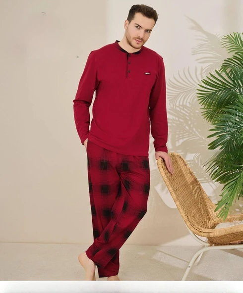 Pijamoni Erkek Pamuklu Düğme Yaka Uzun Kol İnce Pijama Takımı 100/7 - 1 Adet  Bordo M