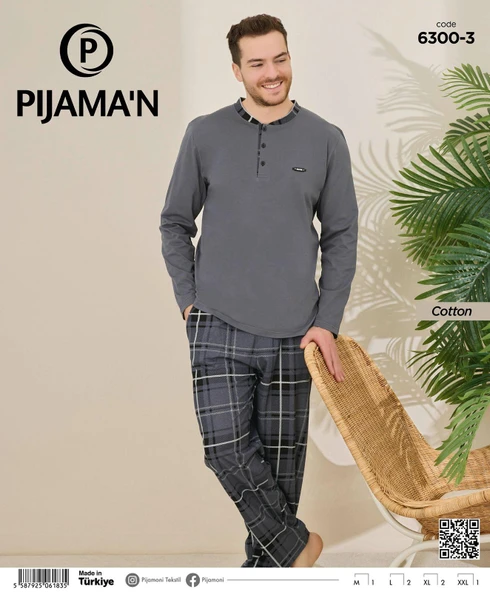Pijamoni Erkek Pamuklu Düğme Yaka Uzun Kol İnce Pijama Takımı 100/3 - 1 Adet L Füme - 2