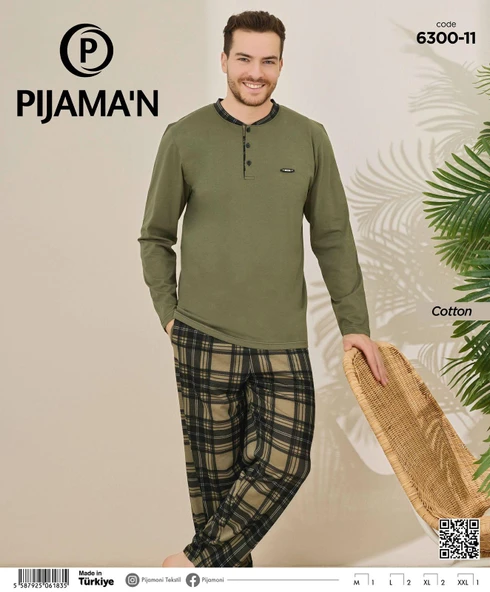 Pijamoni Erkek Pamuklu Düğme Yaka Uzun Kol İnce Pijama Takımı 100/11 - 1 Adet  M Haki - 2