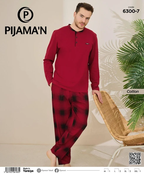 Pijamoni Erkek Pamuklu Düğme Yaka Uzun Kol İnce Pijama Takımı 100/7 - 1 Adet  Bordo L - 2