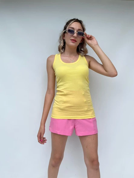 Kadın Basic Yuvarlak Yaka Limon Sarı Atlet - Resim 4