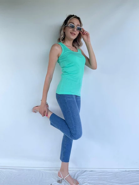 Kadın Basic Yuvarlak Yaka Mint Atlet - Resim 7