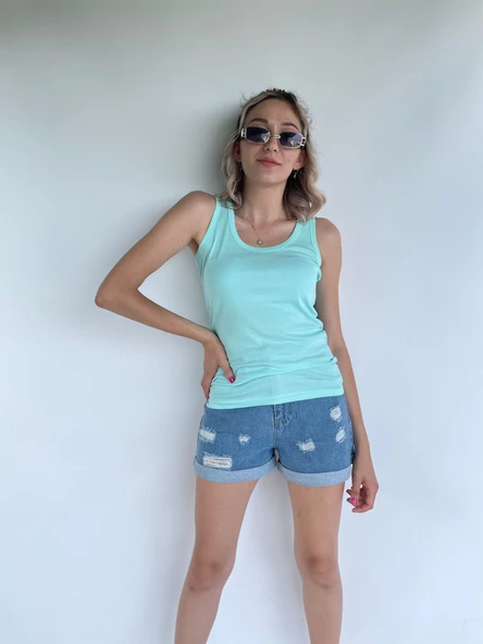 Kadın Basic Yuvarlak Yaka Su Yeşili Atlet - 6