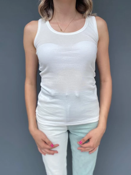 Kadın Basic Yuvarlak Yaka Beyaz Atlet - Resim 2