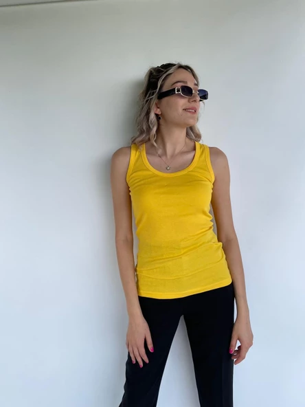 Kadın Basic Yuvarlak Yaka Koyu Sarı Atlet - Resim 3