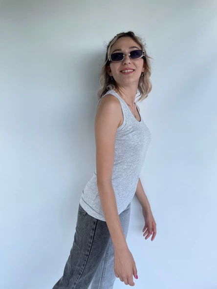 Kadın Basic Yuvarlak Yaka Gri Atlet - 6