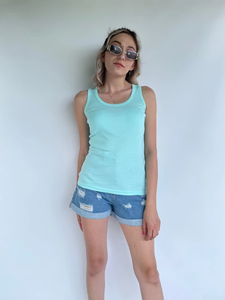 Kadın Basic Yuvarlak Yaka Su Yeşili Atlet - 2