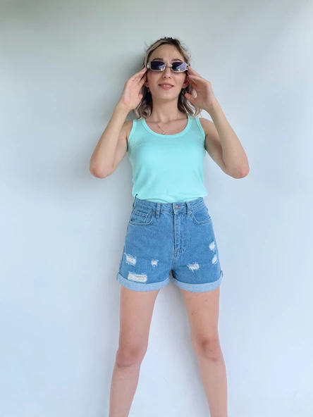 Kadın Basic Yuvarlak Yaka Su Yeşili Atlet - 5