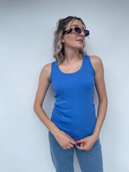 Kadın Basic Yuvarlak Yaka Mavi Atlet - 2