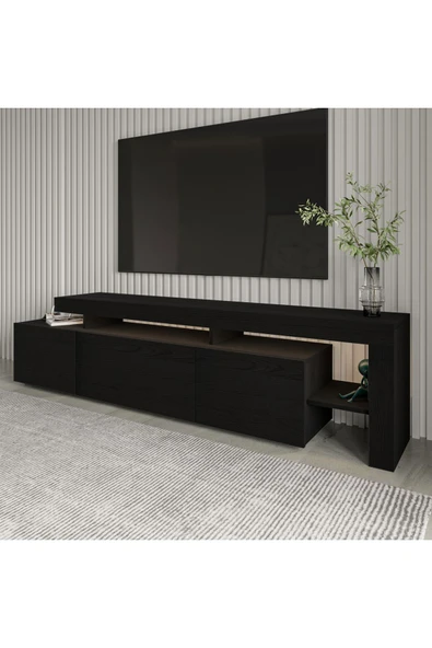 İNARCH DİZAYN Beliz Led Işıklı Tv Ünitesi, Tv Sehpası, Raflı - Ahşap Siyah - 8