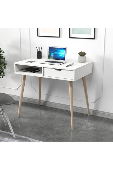 İNARCH DİZAYN Offer Çalışma Masası, Bilgisayar Masası, Çekmeceli Beyaz, Ahşap Ayak, Ev-Ofis - 3