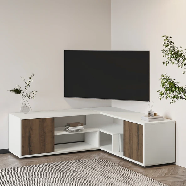 İNARCH DİZAYN Roza Köşe – Çok Amaçlı, Kapaklı TV Sehpası Beyaz/Antik Ceviz - 6