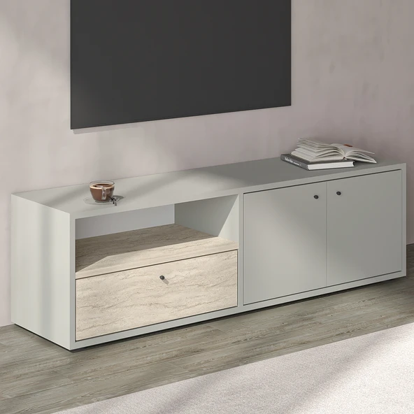 İNARCH DİZAYN Pao Kapaklı Minimal TV Sehpası – 136 cm, Gri/traverten