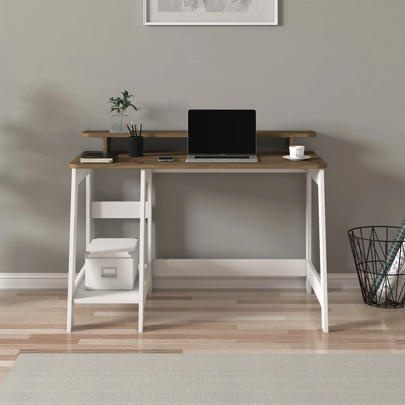 İNARCH DİZAYN Country Ergonomik Çalışma Masası, Modern Bilgisayar Masası Beyaz/Antik Ceviz, Ev-Ofis - 2