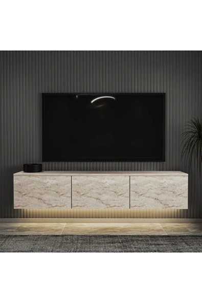 İNARCH DİZAYN Neon LED Işıklı Duvara Monte, 3 Kapaklı TV Sehpası – 160 cm - Modern Tasarım, Traverten Desen ürün görseli 1