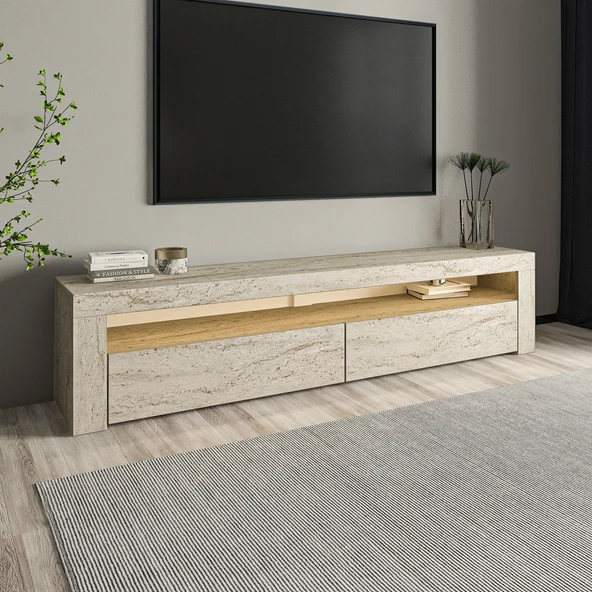 İNARCH DİZAYN Batı Led Işıklı, 2 Kapaklı Tv Ünitesi, Tv Sehpası Traverten - Resim 4