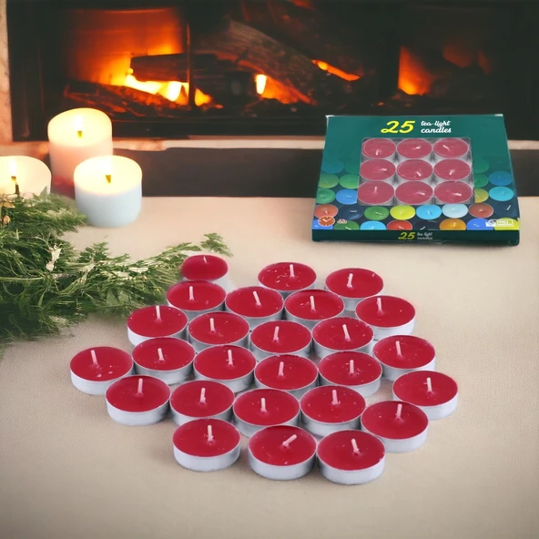 Tealight Mum 25x10 Gr Dekoratif Mumu Kandil Hediyelik Fitilli Mumluk Şamdan Kırmızı Renk Kokusuz - 7