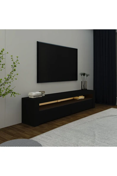 İNARCH DİZAYN Batı Led Işıklı, 2 Kapaklı Tv Ünitesi, Tv Sehpası Siyah - Resim 5
