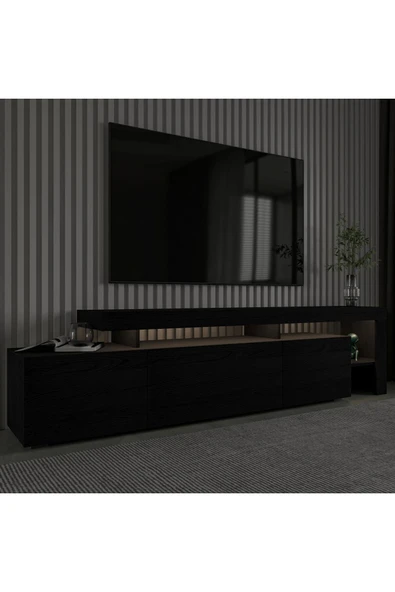 İNARCH DİZAYN Beliz Led Işıklı Tv Ünitesi, Tv Sehpası, Raflı - Ahşap Siyah - 7