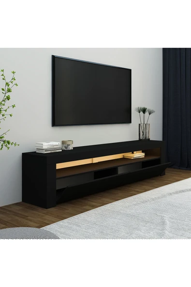 İNARCH DİZAYN Batı Led Işıklı, 2 Kapaklı Tv Ünitesi, Tv Sehpası Siyah - Resim 4