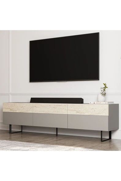 İNARCH DİZAYN Sign Kapaklı Tv Ünitesi, Tv Sehpası - Metal Ayak - Gri/traverten - Resim 2