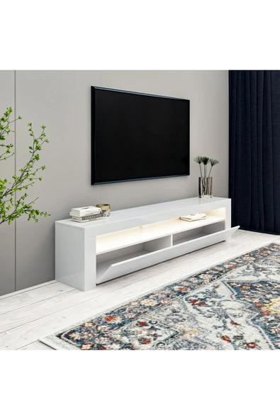 İNARCH DİZAYN Batı Led Işıklı, 2 Kapaklı Tv Ünitesi, Tv Sehpası Parlak Beyaz - 4