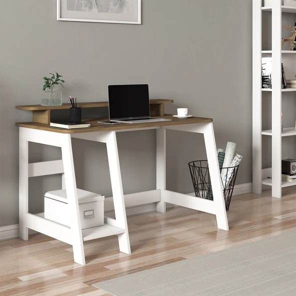 İNARCH DİZAYN Country Ergonomik Çalışma Masası, Modern Bilgisayar Masası Beyaz/Antik Ceviz, Ev-Ofis