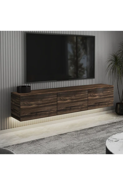 İNARCH DİZAYN Neon LED Işıklı Duvara Monte, 3 Kapaklı TV Sehpası – 160 cm - Modern Tasarım, Ceviz - Resim 2