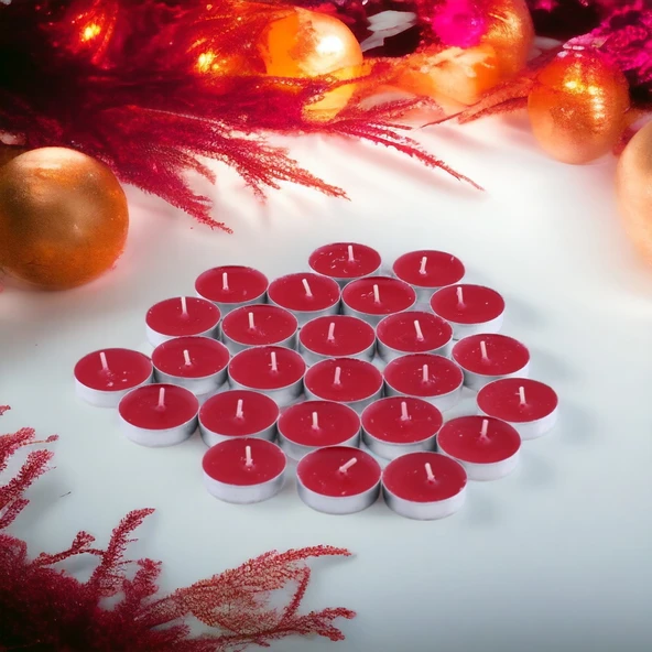 Tealight Mum 25x10 Gr Dekoratif Mumu Kandil Hediyelik Fitilli Mumluk Şamdan Kırmızı Renk Kokusuz - 3