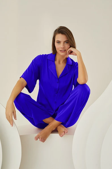 Saks Mavi Silky Önden Düğmeli Pijama Takımı ürün görseli 1