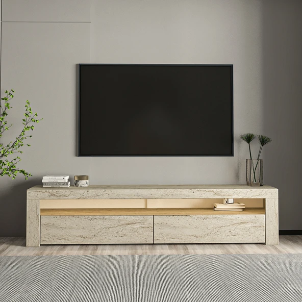 İNARCH DİZAYN Batı Led Işıklı, 2 Kapaklı Tv Ünitesi, Tv Sehpası Traverten