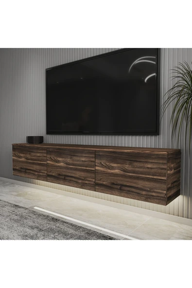İNARCH DİZAYN Neon LED Işıklı Duvara Monte, 3 Kapaklı TV Sehpası – 160 cm - Modern Tasarım, Ceviz - Resim 3