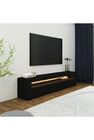 İNARCH DİZAYN Batı Led Işıklı, 2 Kapaklı Tv Ünitesi, Tv Sehpası Siyah - Resim 2