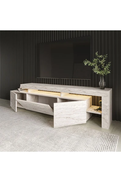 İNARCH DİZAYN Beliz Modern LED Işıklı 3 Kapaklı, Raflı TV Sehpası – 192 cm, Traverten Desen - 3