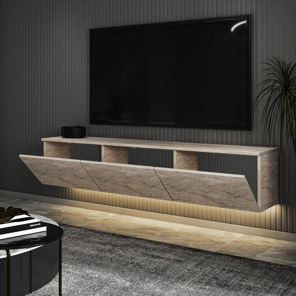 İNARCH DİZAYN Neon LED Işıklı Duvara Monte, 3 Kapaklı TV Sehpası – 160 cm - Modern Tasarım, Traverten Desen - Resim 3