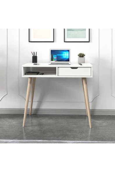 İNARCH DİZAYN Offer Çalışma Masası, Bilgisayar Masası, Çekmeceli Beyaz, Ahşap Ayak, Ev-Ofis