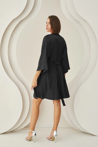 Siyah Silky Kısa Kuşaklı Tek Sabahlık - Resim 4