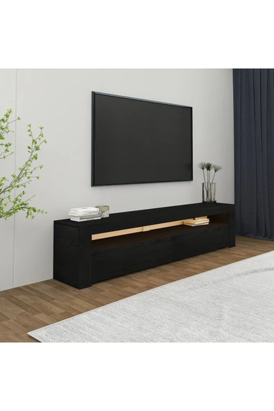 İNARCH DİZAYN Batı Led Işıklı, 2 Kapaklı Tv Ünitesi, Tv Sehpası Ahşap Siyah - Resim 3