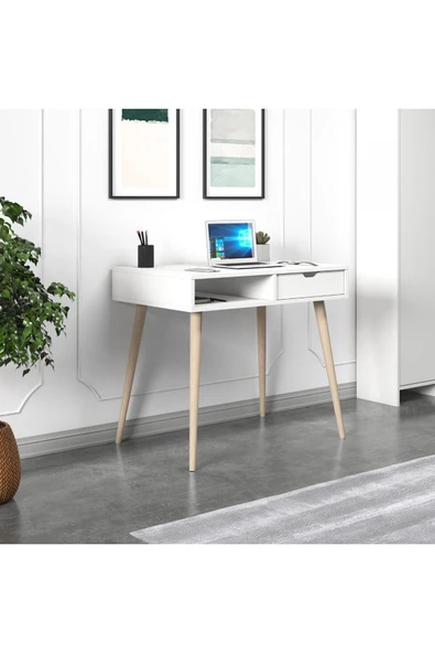 İNARCH DİZAYN Offer Çalışma Masası, Bilgisayar Masası, Çekmeceli Beyaz, Ahşap Ayak, Ev-Ofis - 2