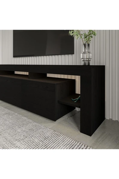 İNARCH DİZAYN Beliz Led Işıklı Tv Ünitesi, Tv Sehpası, Raflı - Ahşap Siyah - 3