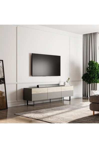 İNARCH DİZAYN Sign Kapaklı Tv Ünitesi, Tv Sehpası - Metal Ayak - Gri/traverten - Resim 3