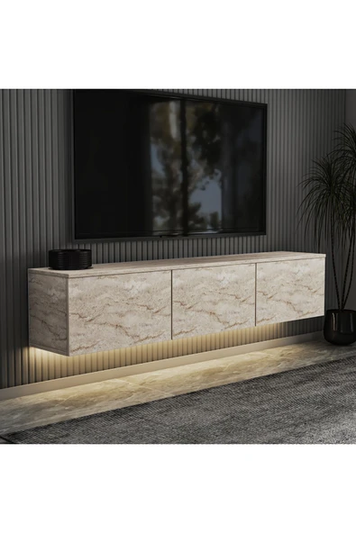 İNARCH DİZAYN Neon LED Işıklı Duvara Monte, 3 Kapaklı TV Sehpası – 160 cm - Modern Tasarım, Traverten Desen - Resim 2