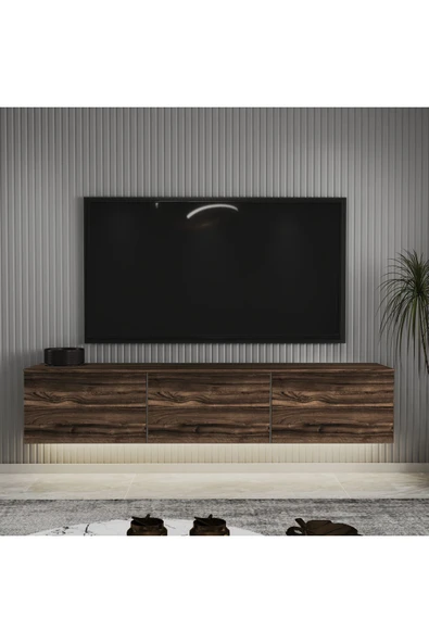 İNARCH DİZAYN Neon LED Işıklı Duvara Monte, 3 Kapaklı TV Sehpası – 160 cm - Modern Tasarım, Ceviz ürün görseli 1
